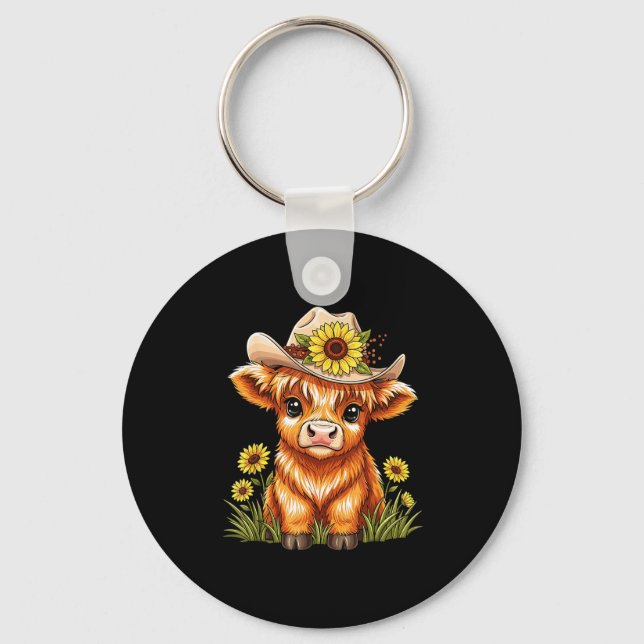 Cute Highland Cow Sunflower Farm Scottish Highland Keychain (Front)