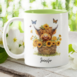 Cute Highland Cow Sunflowers Floral Butterflies Two-Tone Coffee Mug