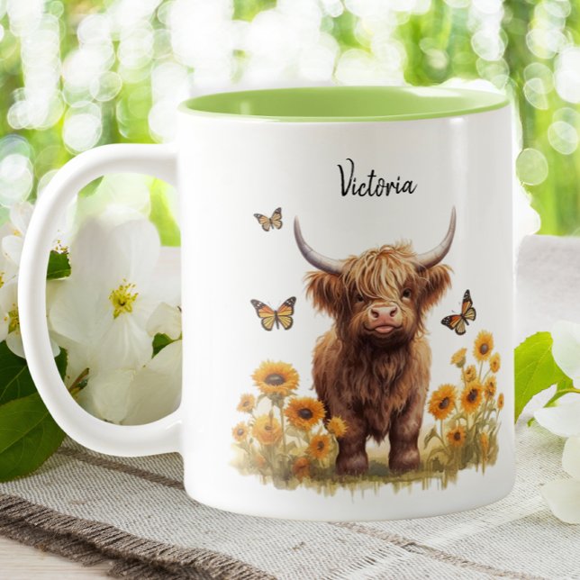 Cute Highland Cow Sunflowers Floral Butterflies Two-Tone Coffee Mug (Creator Uploaded)
