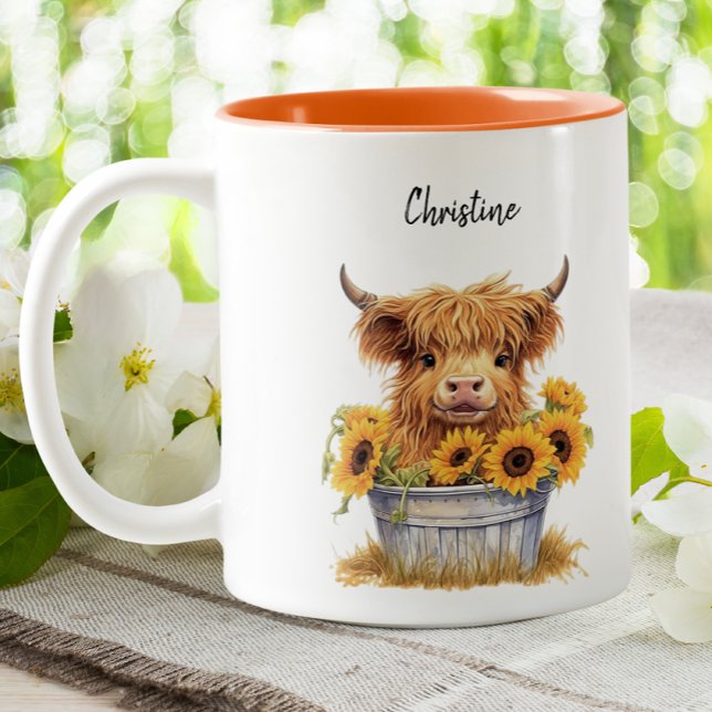 Cute Highland Cow Sunflowers Floral Custom Two-Tone Coffee Mug (Creator Uploaded)