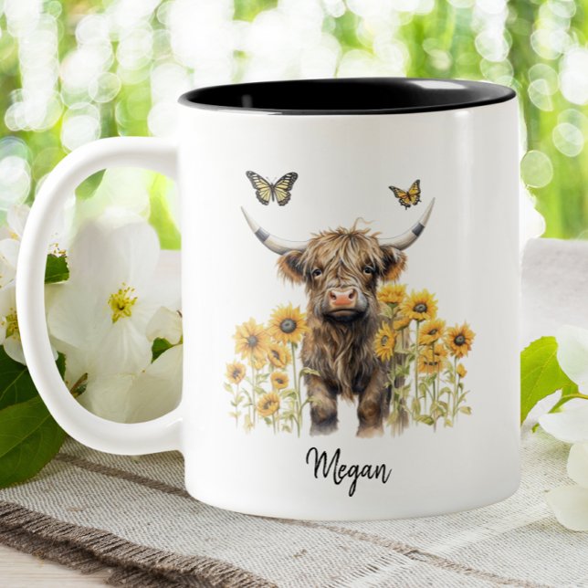Cute Highland Cow Sunflowers Floral Personalized Two-Tone Coffee Mug (Creator Uploaded)