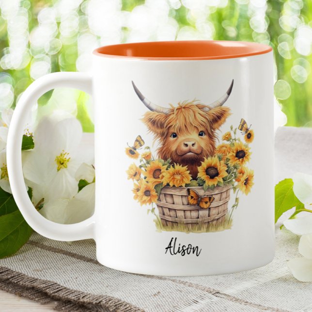 Cute Highland Cow Sunflowers Floral Personalized Two-Tone Coffee Mug (Creator Uploaded)