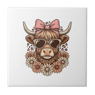 Cute Highland Cow Sunglasses Pink Bow Vintage Art_ Ceramic Tile