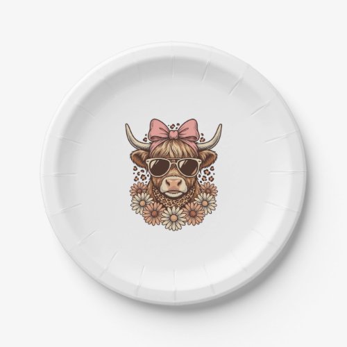 Cute Highland Cow Sunglasses Pink Bow Vintage Art_ Paper Plates