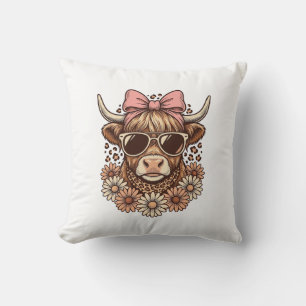 Cute Highland Cow Sunglasses Pink Bow Vintage Art_ Throw Pillow
