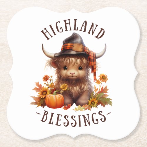 Cute Highland Cow Thanksgiving Blessings Paper Coaster