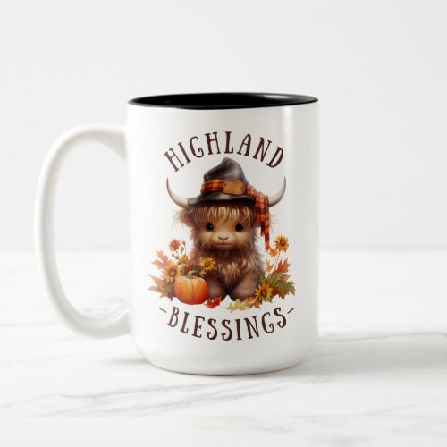 Cute Highland Cow Thanksgiving Blessings Two_Tone Coffee Mug