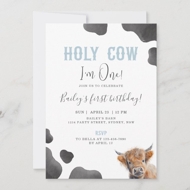 Cute Highland Cow Themed 1st Birthday Party Invitation (Front)