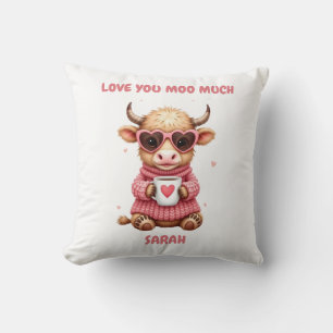 Cute Highland Cow Valentine Heart Glasses Coffee m Throw Pillow