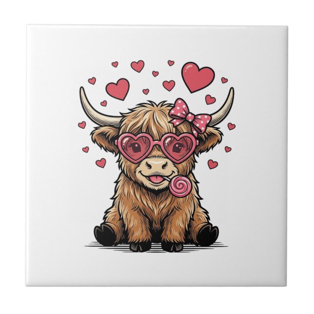 Cute Highland Cow Valentine Heart Glasses Vector_1 Ceramic Tile (Front)