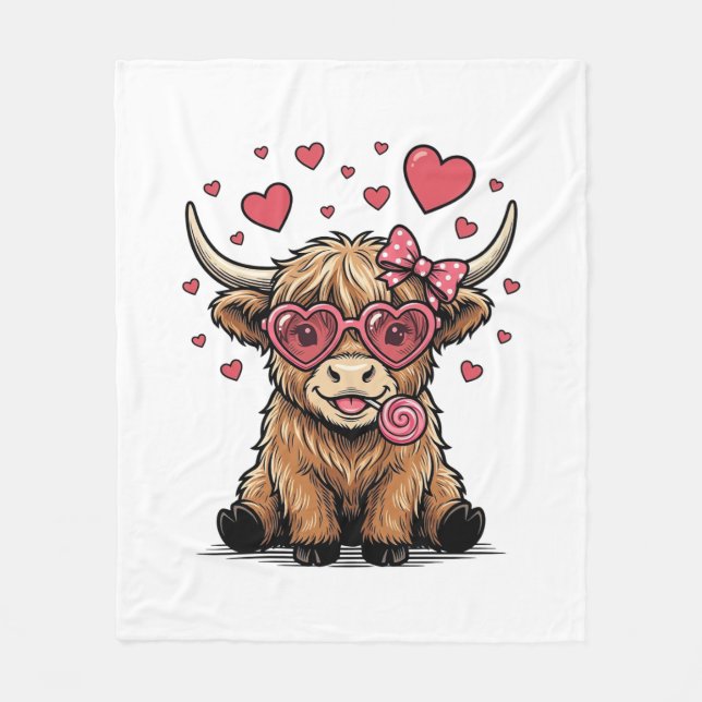 Cute Highland Cow Valentine Heart Glasses Vector_1 Fleece Blanket (Front)