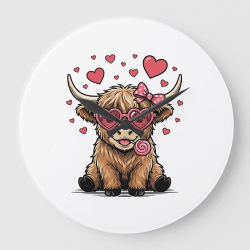 Cute Highland Cow Valentine Heart Glasses Vector_1 Large Clock