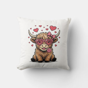 Cute Highland Cow Valentine Heart Glasses Vector_1 Throw Pillow