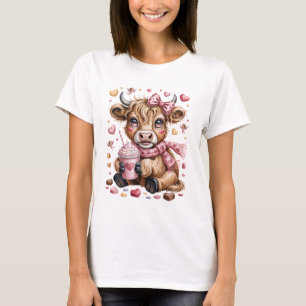 Cute Highland Cow Valentine Pink Milkshake Bow T-Shirt