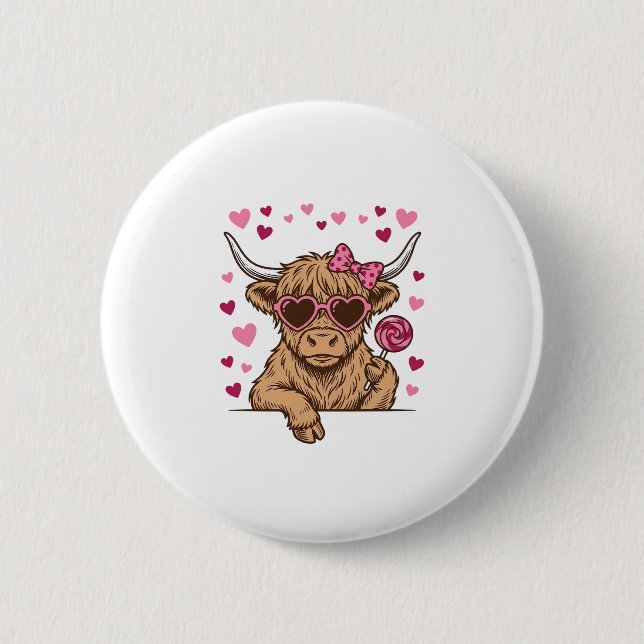 Cute Highland Cow Valentine Sunglasses Vector Desi Button (Front)
