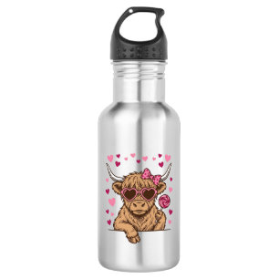 Cute Highland Cow Valentine Sunglasses Vector Desi Stainless Steel Water Bottle