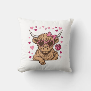 Cute Highland Cow Valentine Sunglasses Vector Desi Throw Pillow