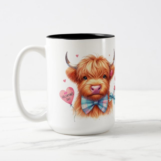 Cute Highland Cow Valentine  Two-Tone Coffee Mug (Left)