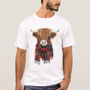 Cute Highland Cow Wearing Buffalo Plaid Scarf Farm T-Shirt