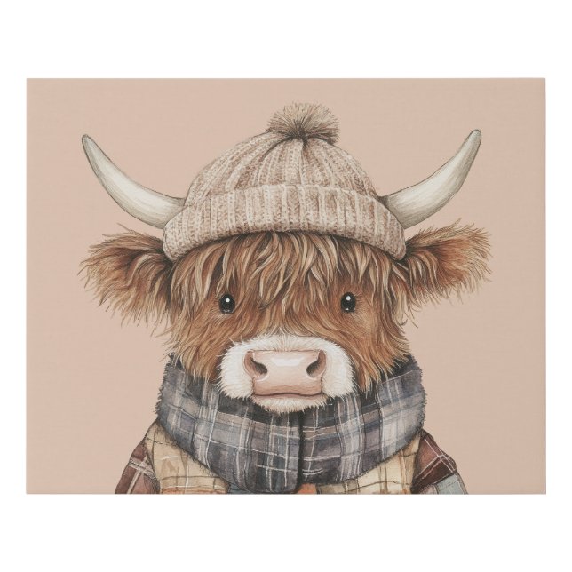 Cute Highland Cow Wearing Hat Boho Cream Faux Canvas Print (Front)