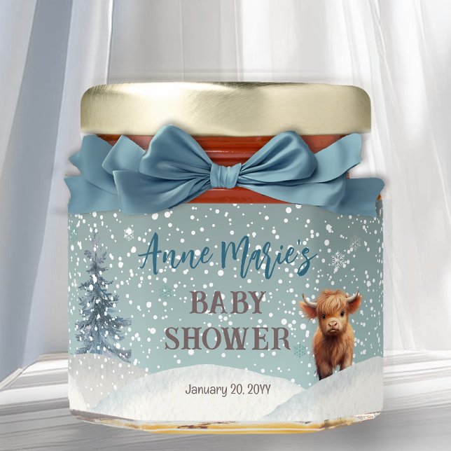 Cute Highland Cow Winter Baby Shower  Honey Jar Favors (Cute Highland Cow Winter Baby Shower Honey Jar Favors)
