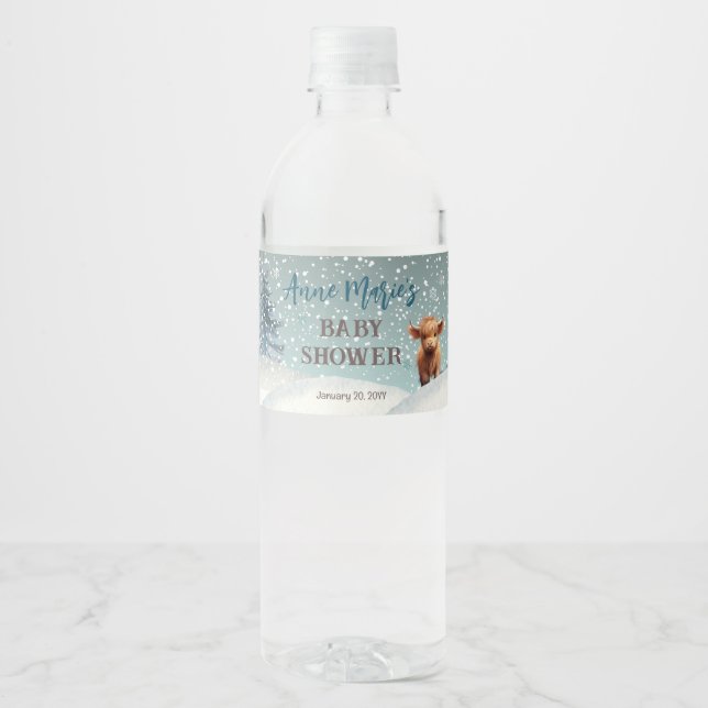 Cute Highland Cow Winter Baby Shower  Water Bottle Label (Front)