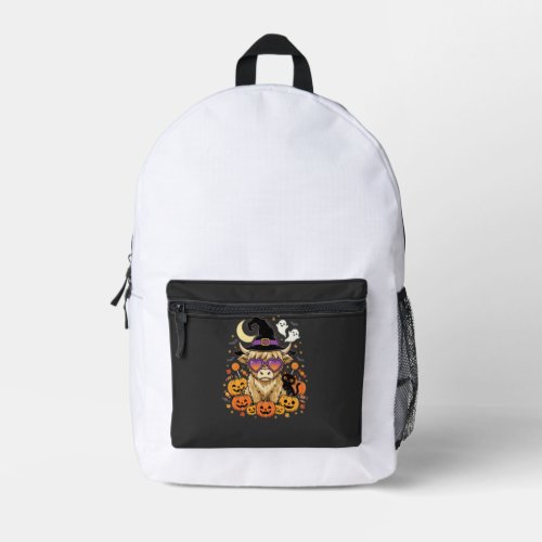 Cute Highland Cow Witch Halloween Pumpkin Party Printed Backpack