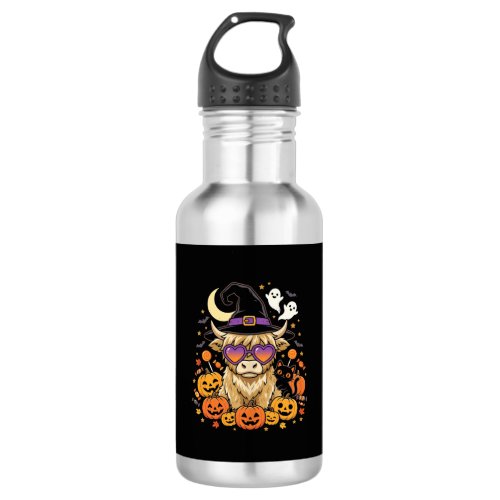 Cute Highland Cow Witch Halloween Pumpkin Party Stainless Steel Water Bottle