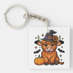 Cute Highland Cow Witch with Pumpkin Halloween Keychain
