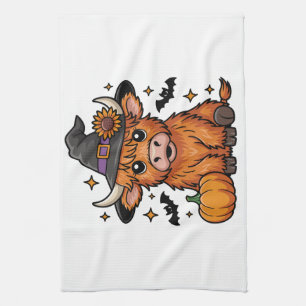 Cute Highland Cow Witch with Pumpkin Halloween  Kitchen Towel