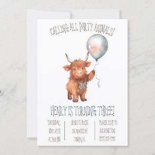 Cute Highland Cow with Balloon Birthday Party Invitation