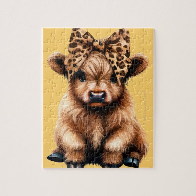 Cute Highland Cow with Bow Yellow Jigsaw Puzzle (Vertical)