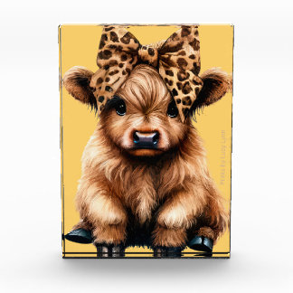 Cute Highland Cow with Bow Yellow Photo Block