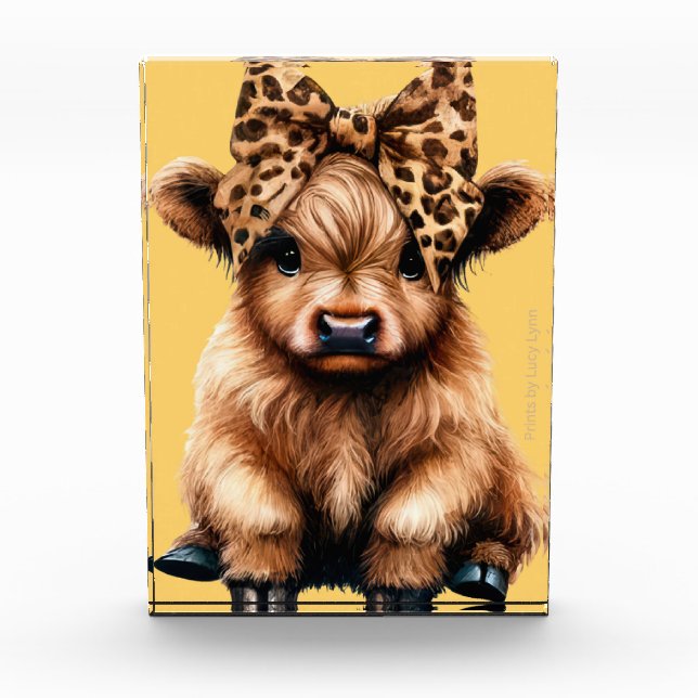Cute Highland Cow with Bow Yellow Photo Block (Front)