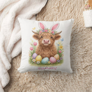 Cute Highland Cow with Bunny Ears Easter Throw Pillow