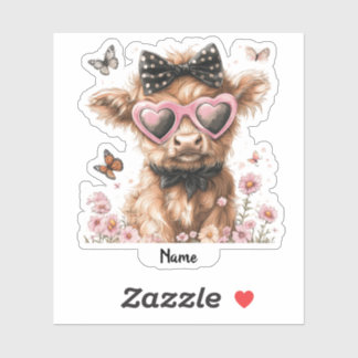 Cute Highland Cow with Butterflies and Sunglasses Sticker