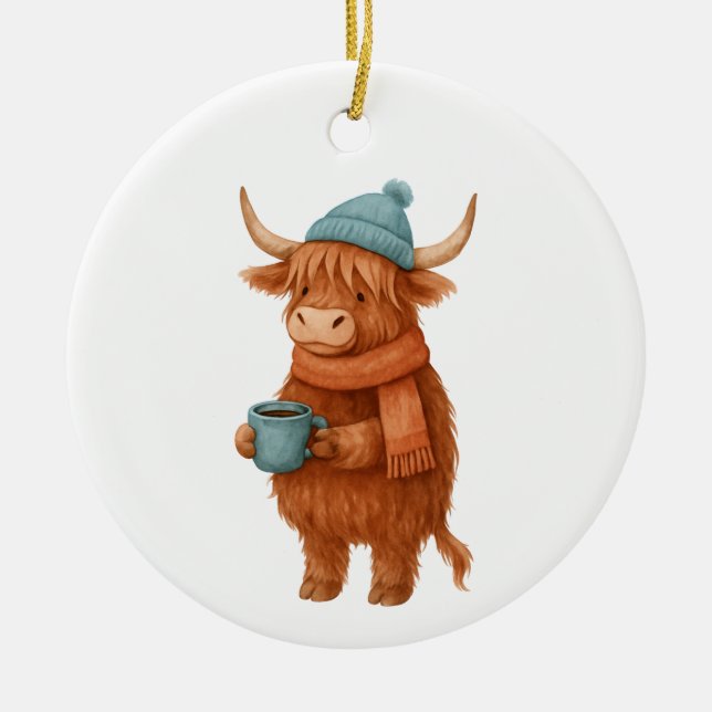 Cute Highland Cow with Coffee – Cozy Winter Ceramic Ornament (Front)
