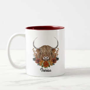 Cute Highland Cow with Fall Flowers Personalized Two-Tone Coffee Mug