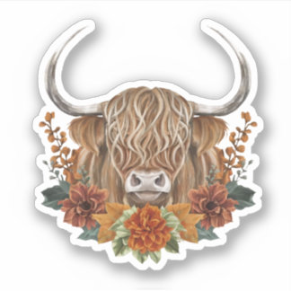 Cute Highland Cow with Fall Flowers  Sticker