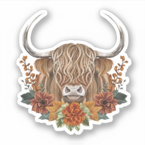 Cute Highland Cow with Fall Flowers  Sticker