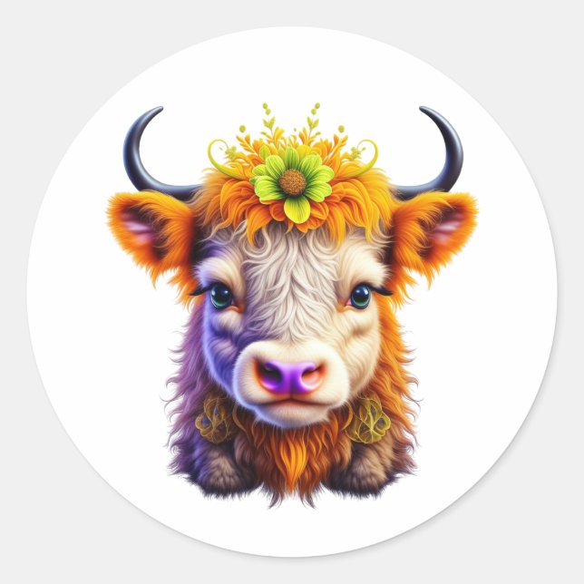 Cute Highland Cow with Flower in Hair Classic Round Sticker (Front)