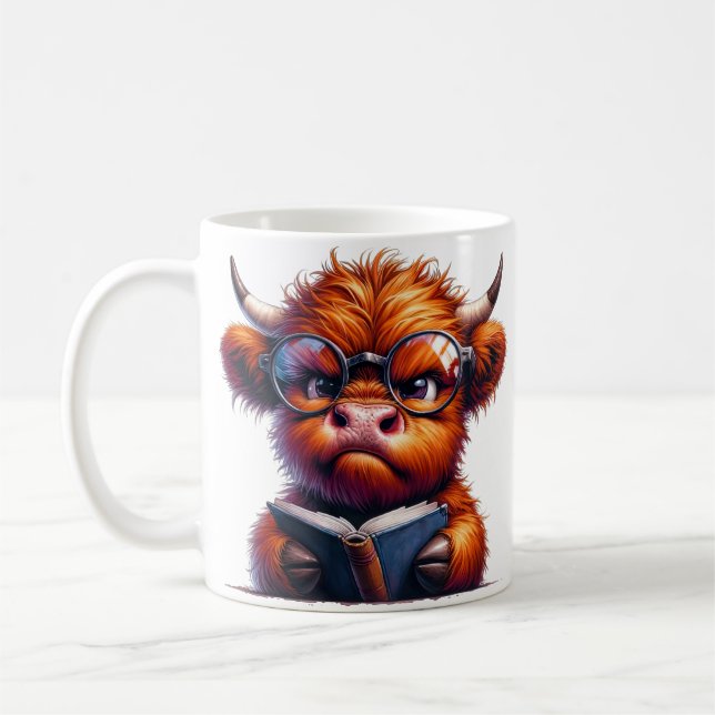 Cute Highland Cow With Glasses Reading Coffee Mug (Left)