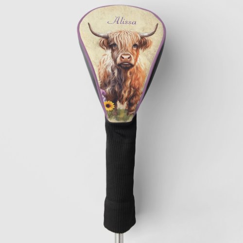 Cute Highland Cow with Name Golf Head Cover