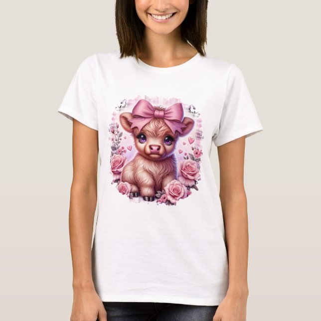 Cute Highland Cow with Pink Bow T-Shirt  (Front)