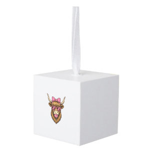 Cute Highland Cow with Pink Heart Glasses Vector_1 Cube Ornament