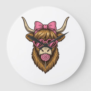 Cute Highland Cow with Pink Heart Glasses Vector_1 Large Clock