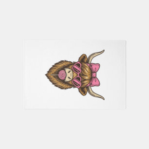 Cute Highland Cow with Pink Heart Glasses Vector_1 Rug