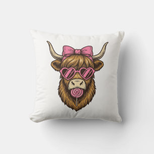 Cute Highland Cow with Pink Heart Glasses Vector_1 Throw Pillow
