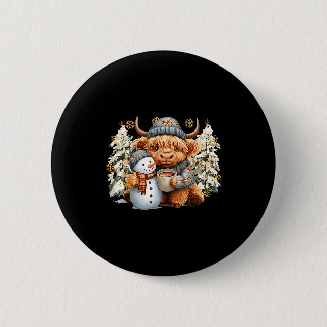 Cute Highland Cow With Snowman Hot Cocoa Christmas Button (Front)