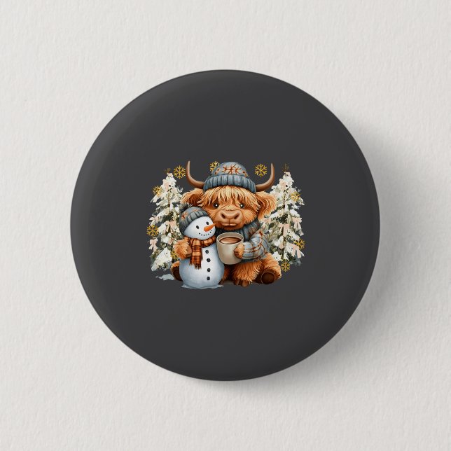 Cute Highland Cow With Snowman Hot Cocoa Christmas Button (Front)